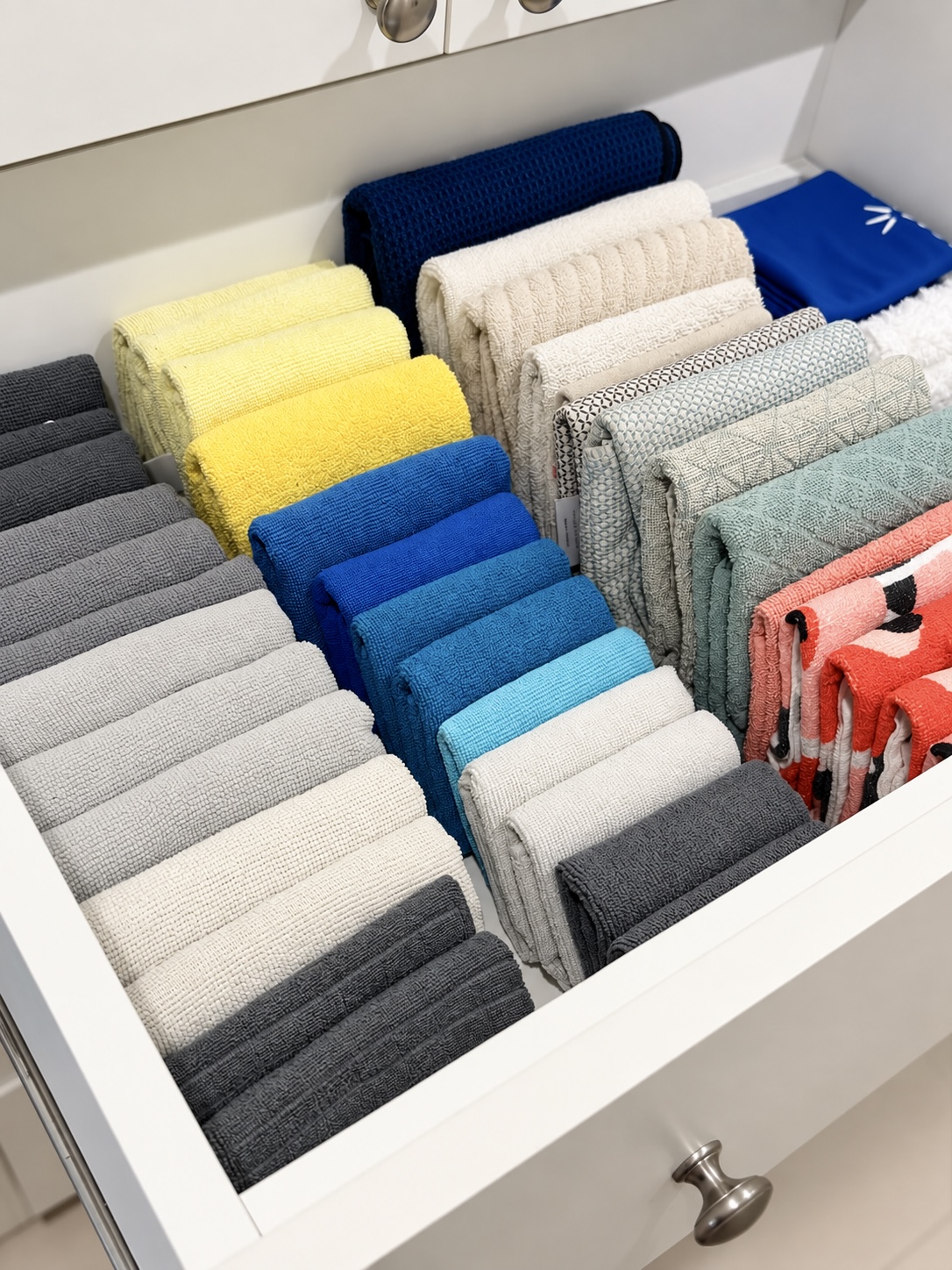Drawer of hand towels folded upright and grouped by color