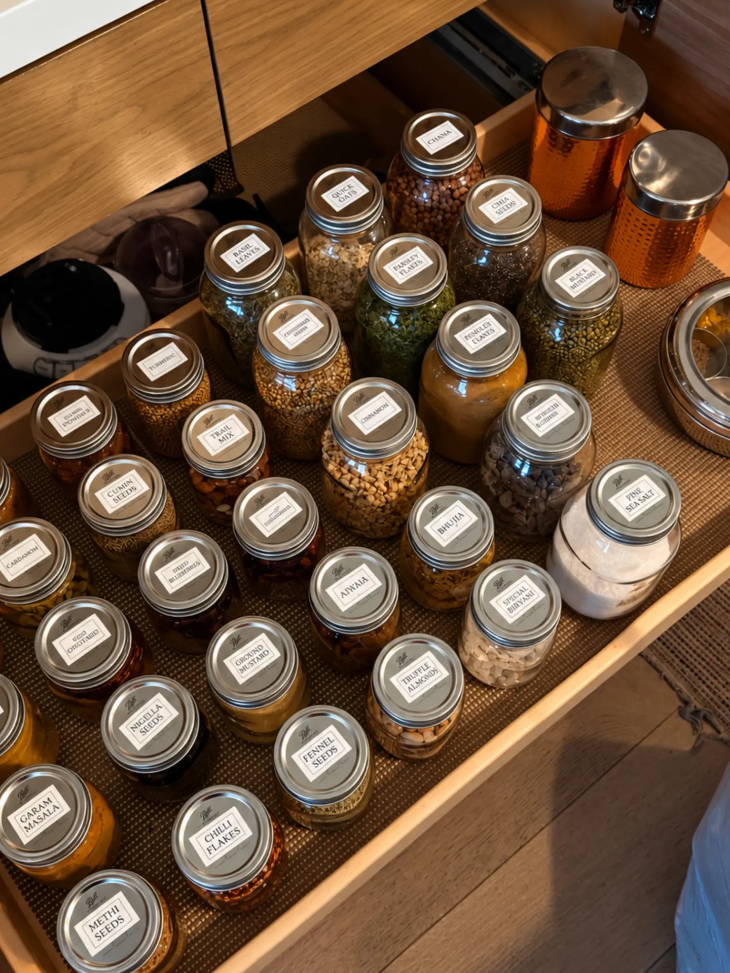 Deep kitchen drawer with glass jars of labeled silver lids, sorted by spice and seed on a textured brown liner