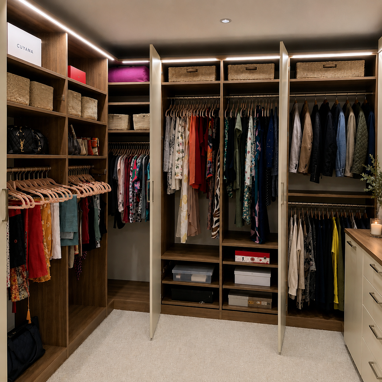 Wide view of the full L-shaped master closet with baskets and boxes on upper shelves, jackets and shirts hung by section, open white doors in the center, and a cream dresser with a plant and candle at the end