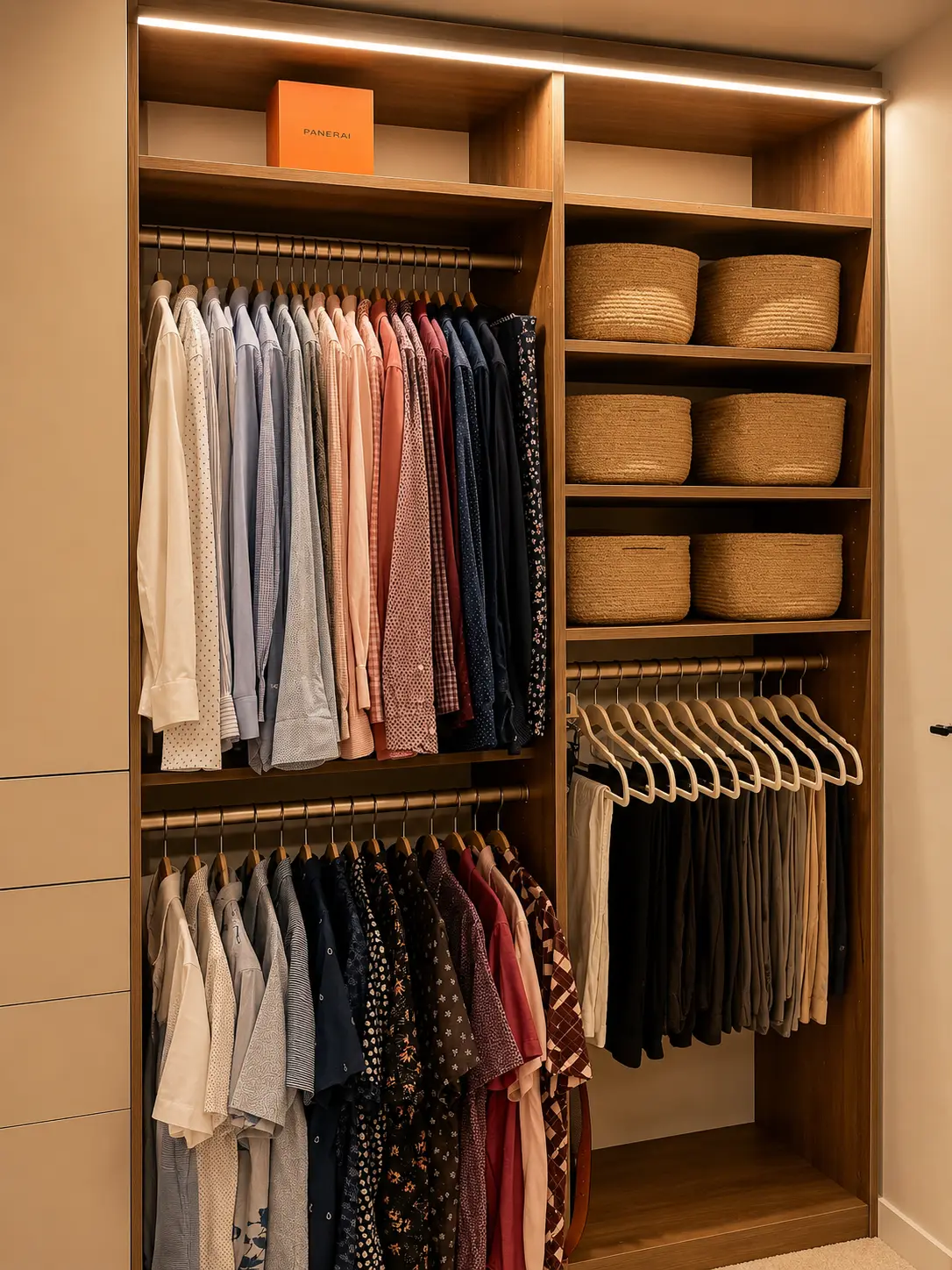 Organized master closet with shirts hung by color on wooden hangers, two hanging rails, and shelves of woven baskets under warm lighting