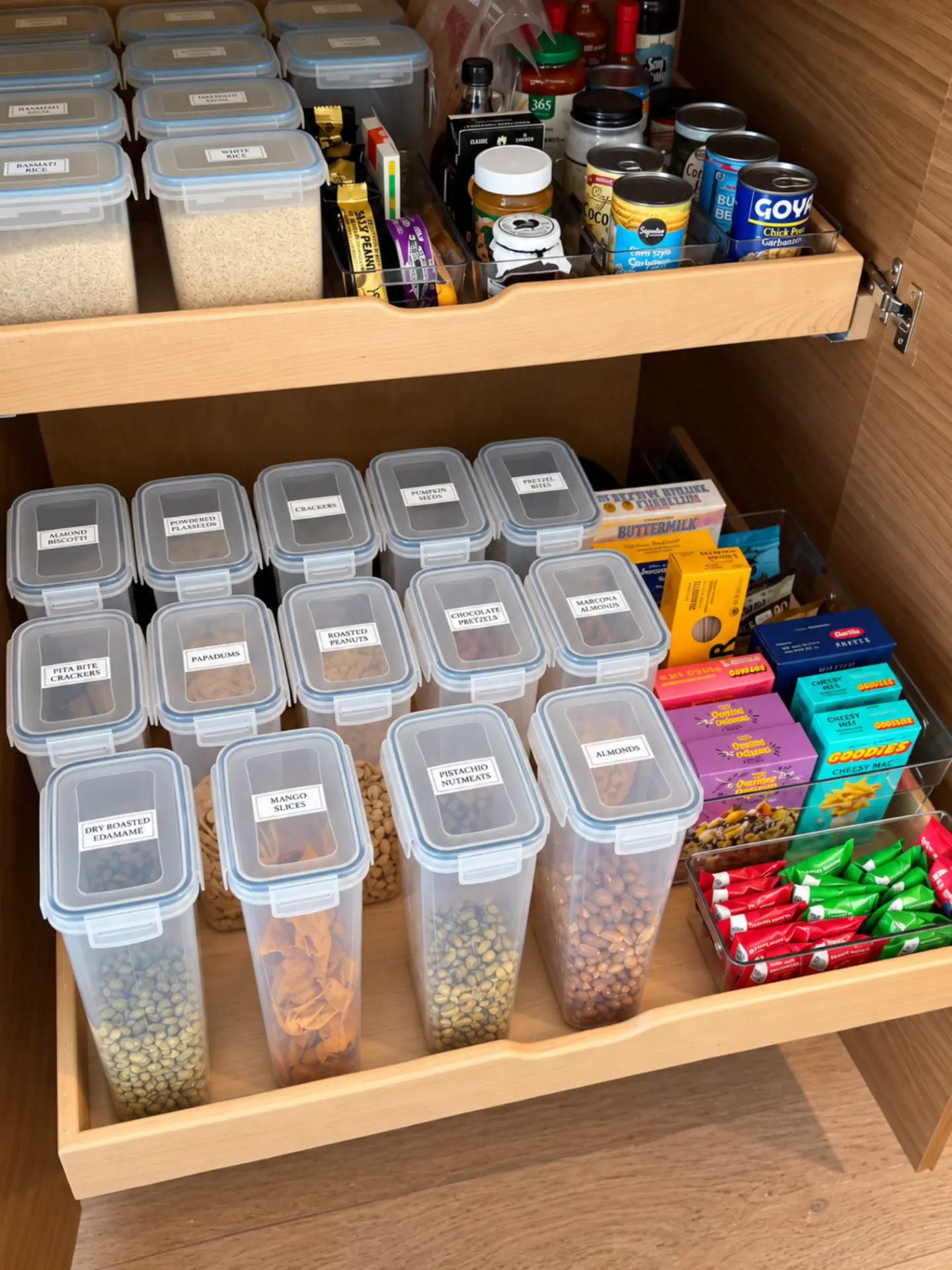 Lower pull-out pantry drawer with tall labeled containers of dried edamame and almonds next to bins of snack boxes and packets